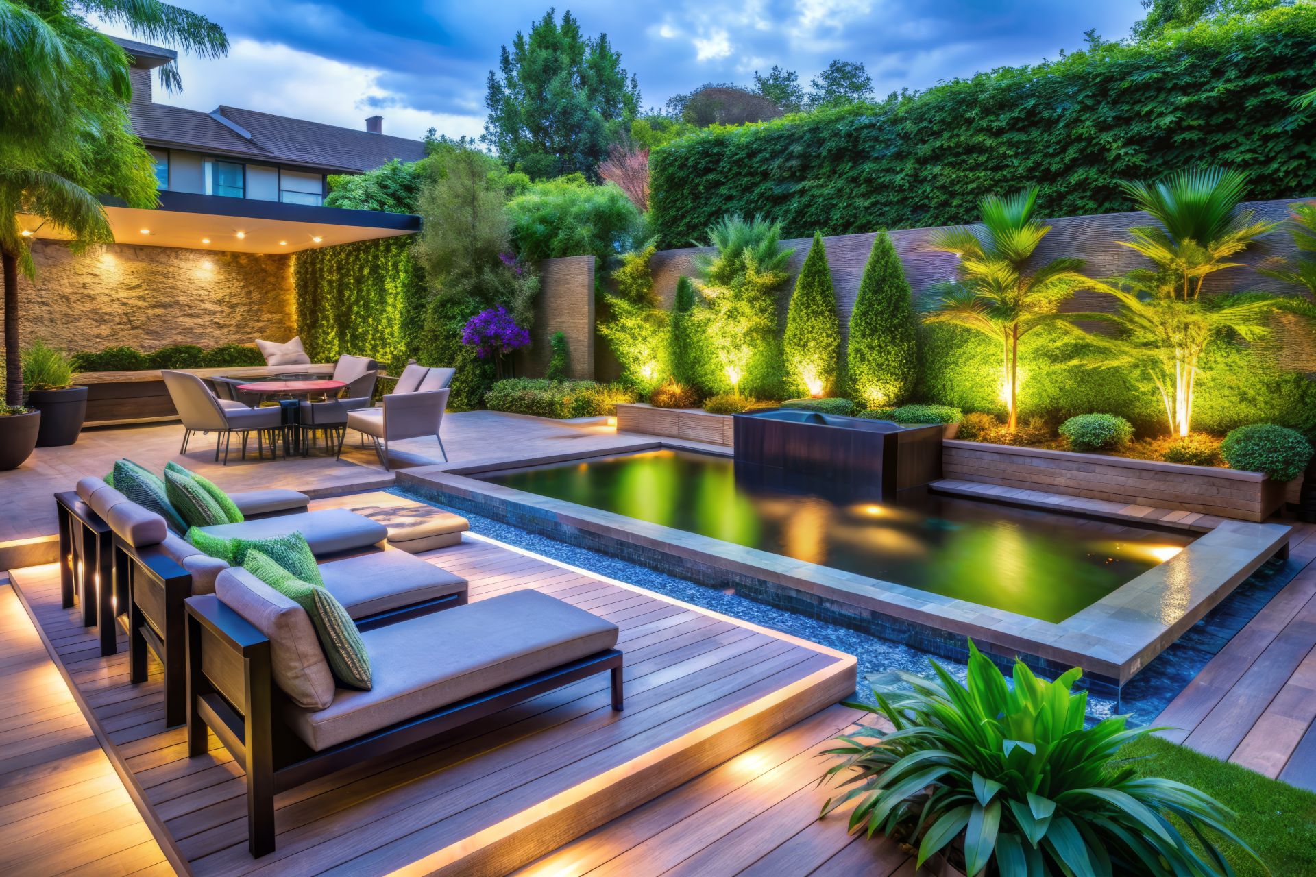 Moderner Gartenpool mit Terrasse und Beleuchtung