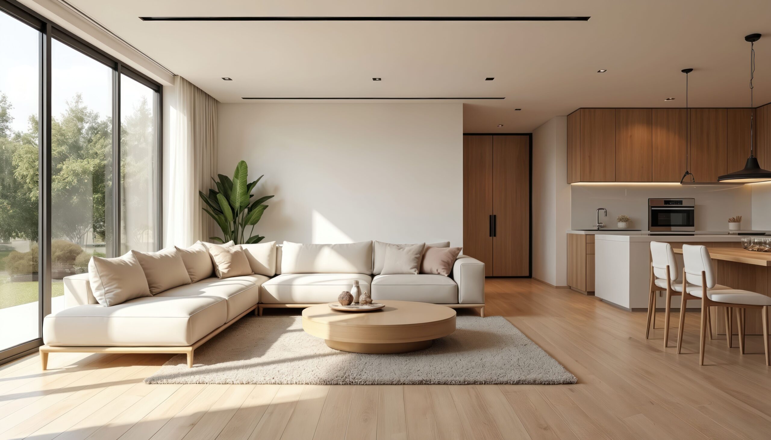 Modernes minimalistisches Innendesign, offenes Wohnkonzept. Neutrale Farben, schlanke Möbel, große Fenster bieten natürliches Licht.