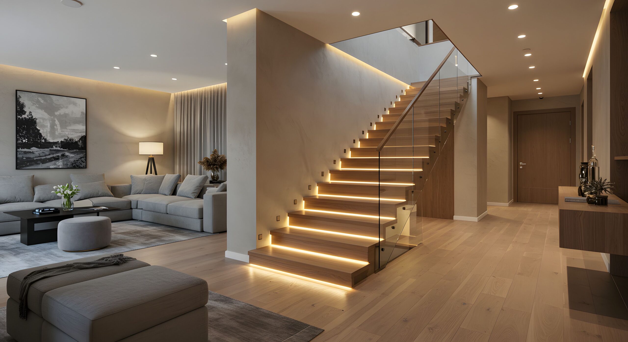 Modernes minimalistisches Innendesign, offenes Wohnkonzept. Neutrale Farben, schlanke Möbel, große Fenster bieten natürliches Licht.